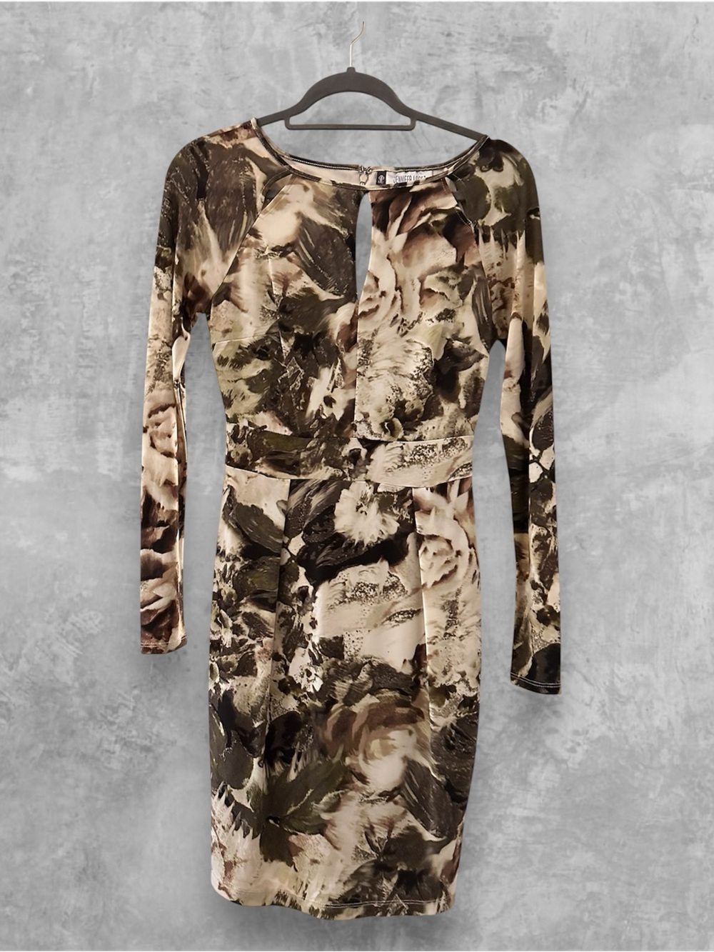 Jennifer Lopez Olive, Beige, and Black Floral-Print Long-Sleeve Sheath Dress